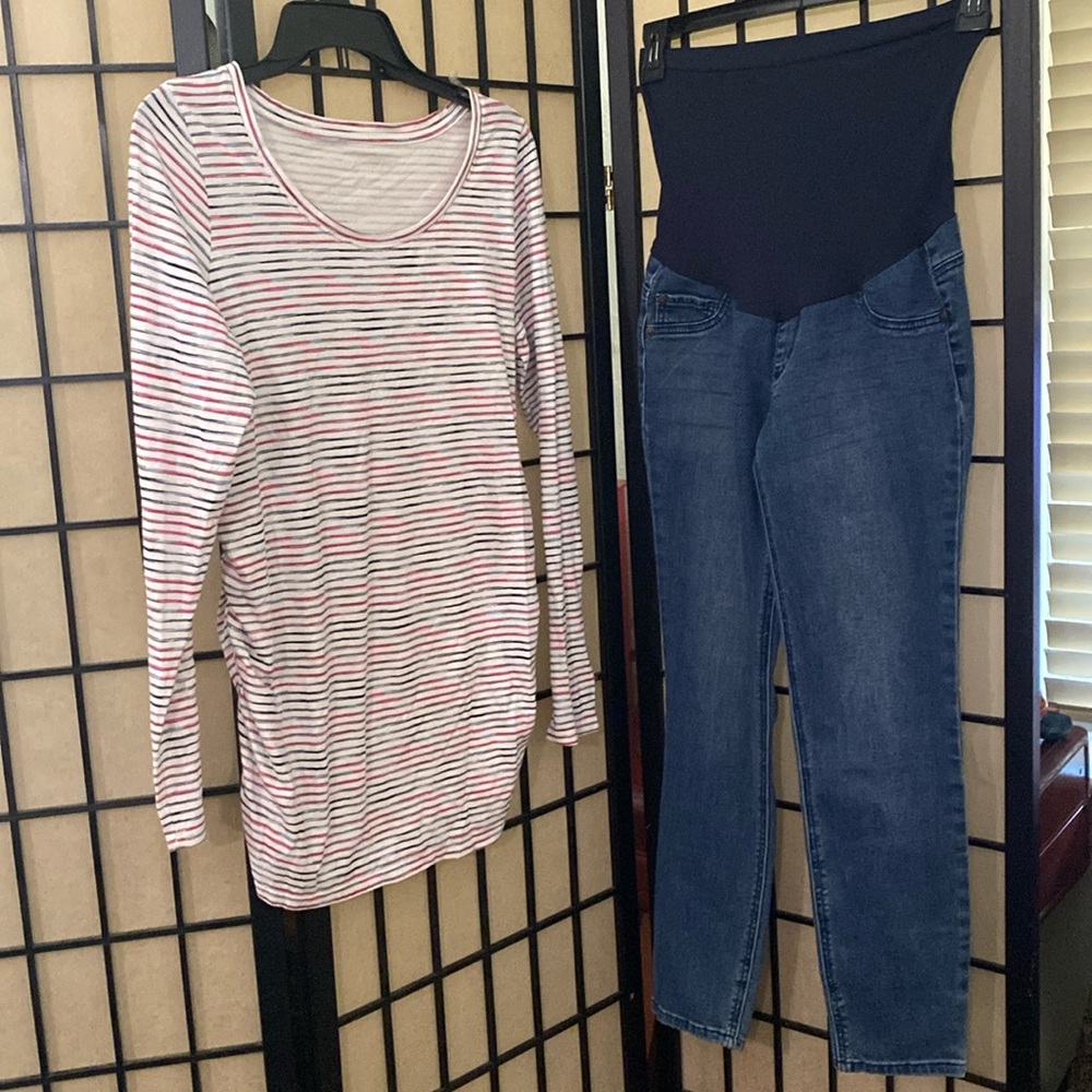 Two piece maternity outfit including Indigo Blue Jeans and Liz Lange top